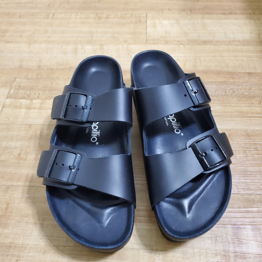 Birkenstock Black Double-Buckle Platform Slides